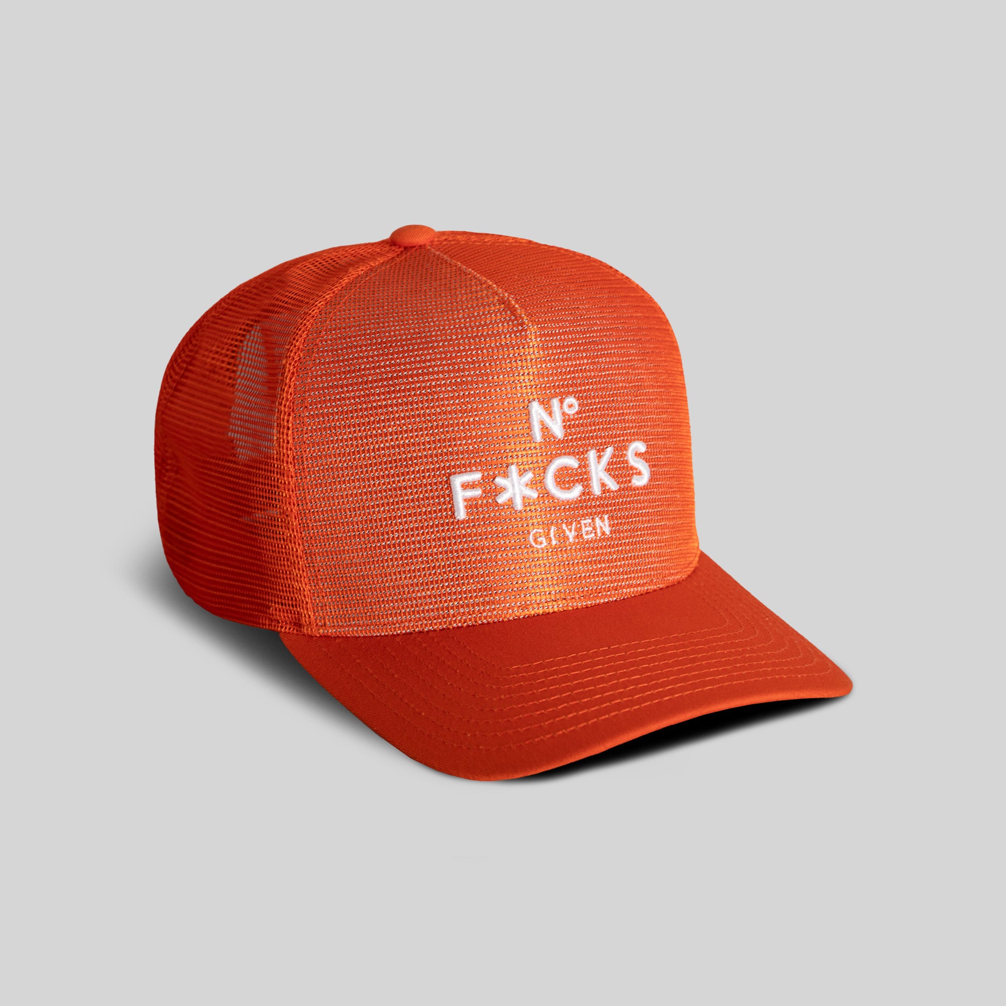 NO F*CKS GIVEN ORANGE MESH CROWN TRUCKER