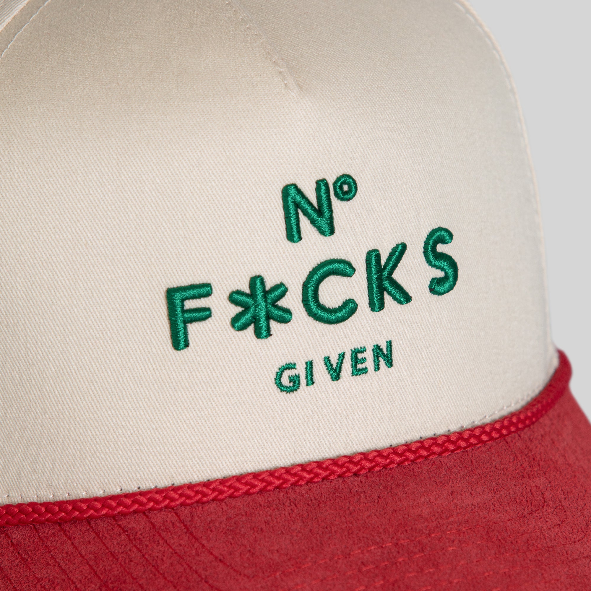 NO F*CKS GIVEN SAND VARSITY RED TWILL SUEDE TRUCKER