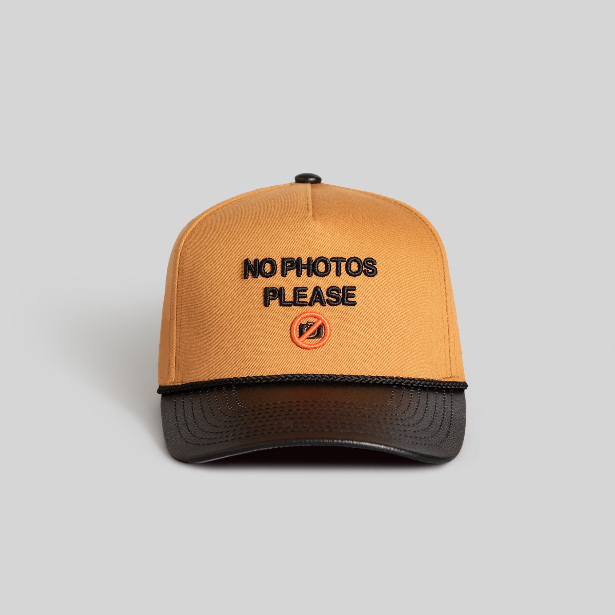 NO PHOTOS PLEASE WHEAT BLACK TWILL CAVIAR LEATHER TRUCKER