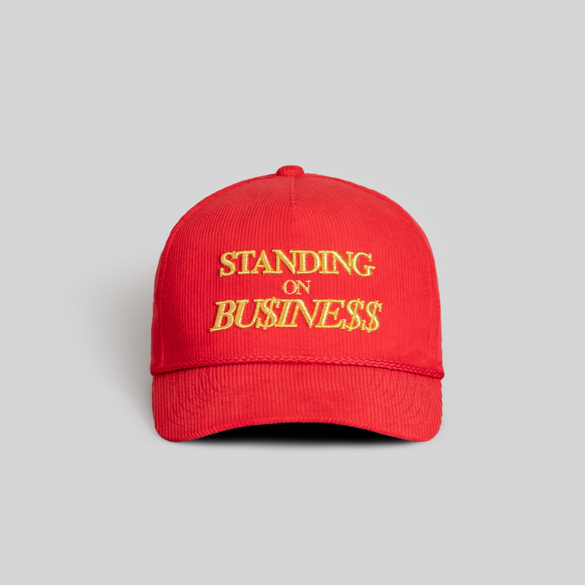 ON BUSINESS VARSITY RED CORDUROY TRUCKER