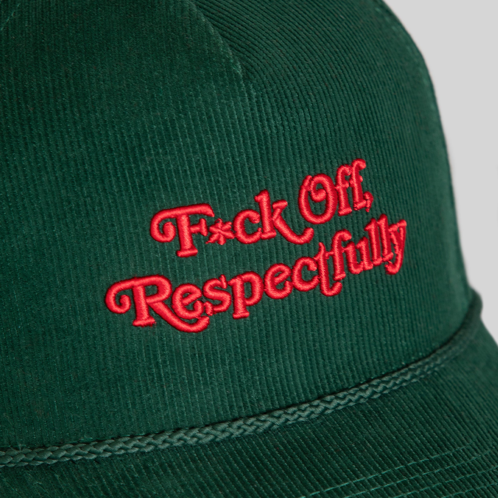 RESPECTFULLY FG GREEN VARSITY RED CORDUROY TRUCKER