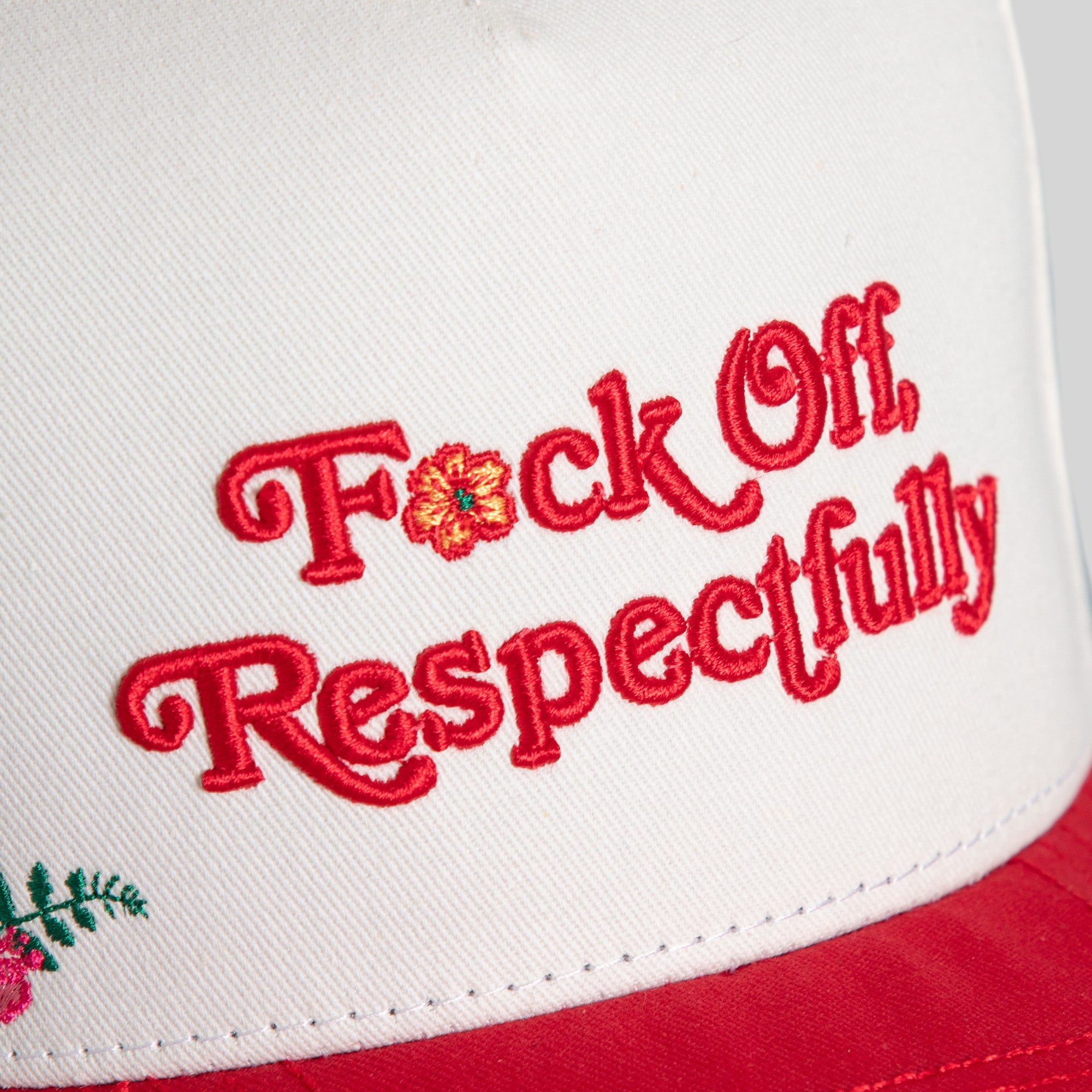 RESPECTFULLY FLORAL OFF WHITE RED TWILL TRUCKER