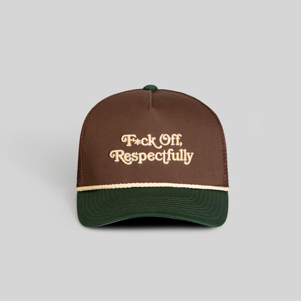 RESPECTFULLY MOCHA FG GREEN TWILL MESH TRUCKER