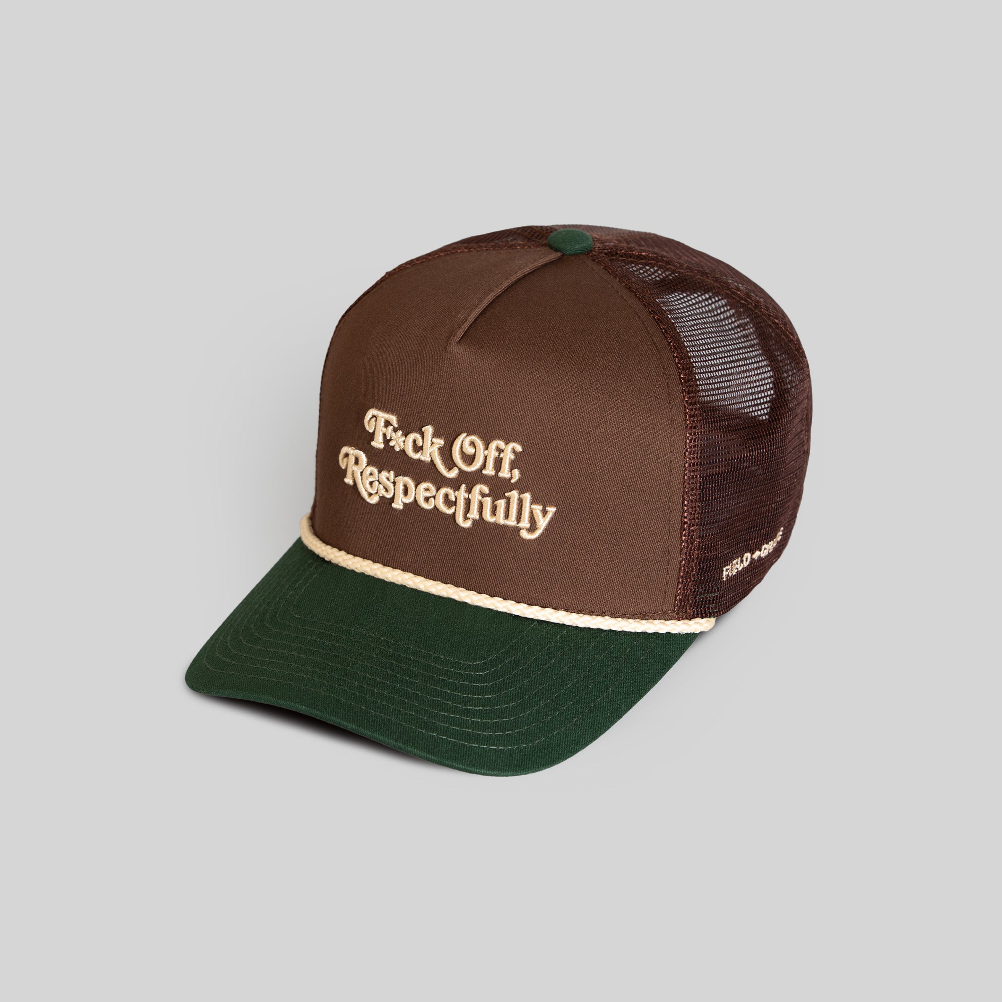 RESPECTFULLY MOCHA FG GREEN TWILL MESH TRUCKER