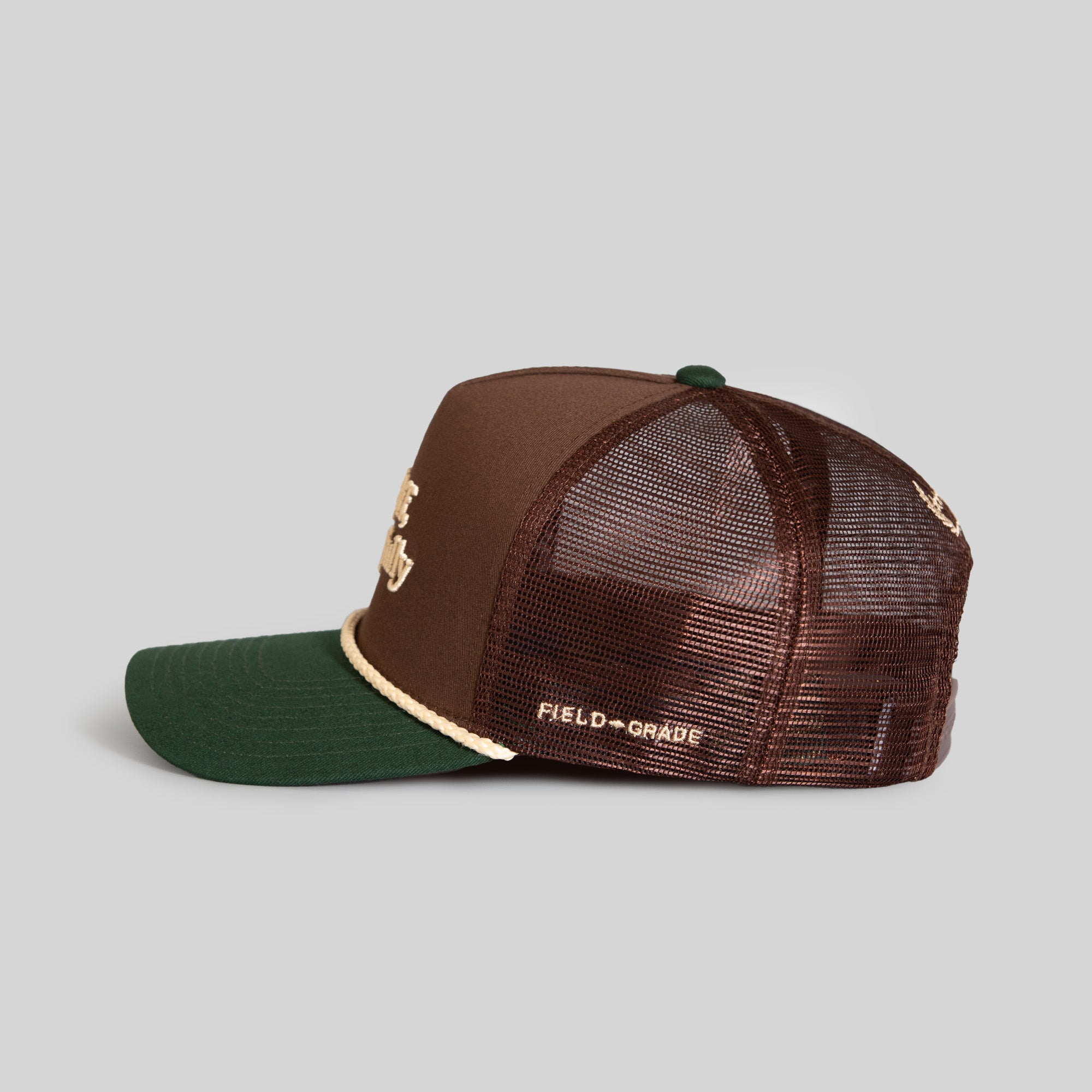 RESPECTFULLY MOCHA FG GREEN TWILL MESH TRUCKER