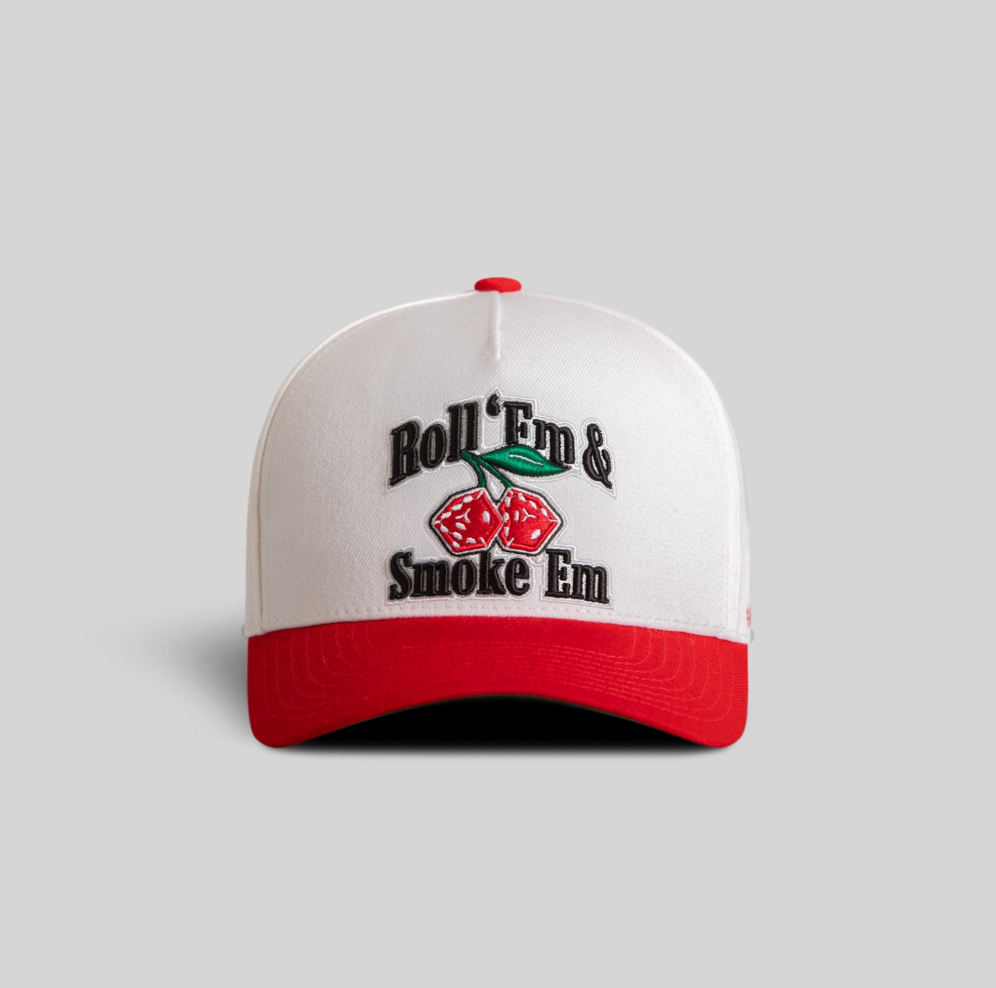 ROLL ‘EM & SMOKE ’EM OFF WHITE VARSITY RED TRUCKER