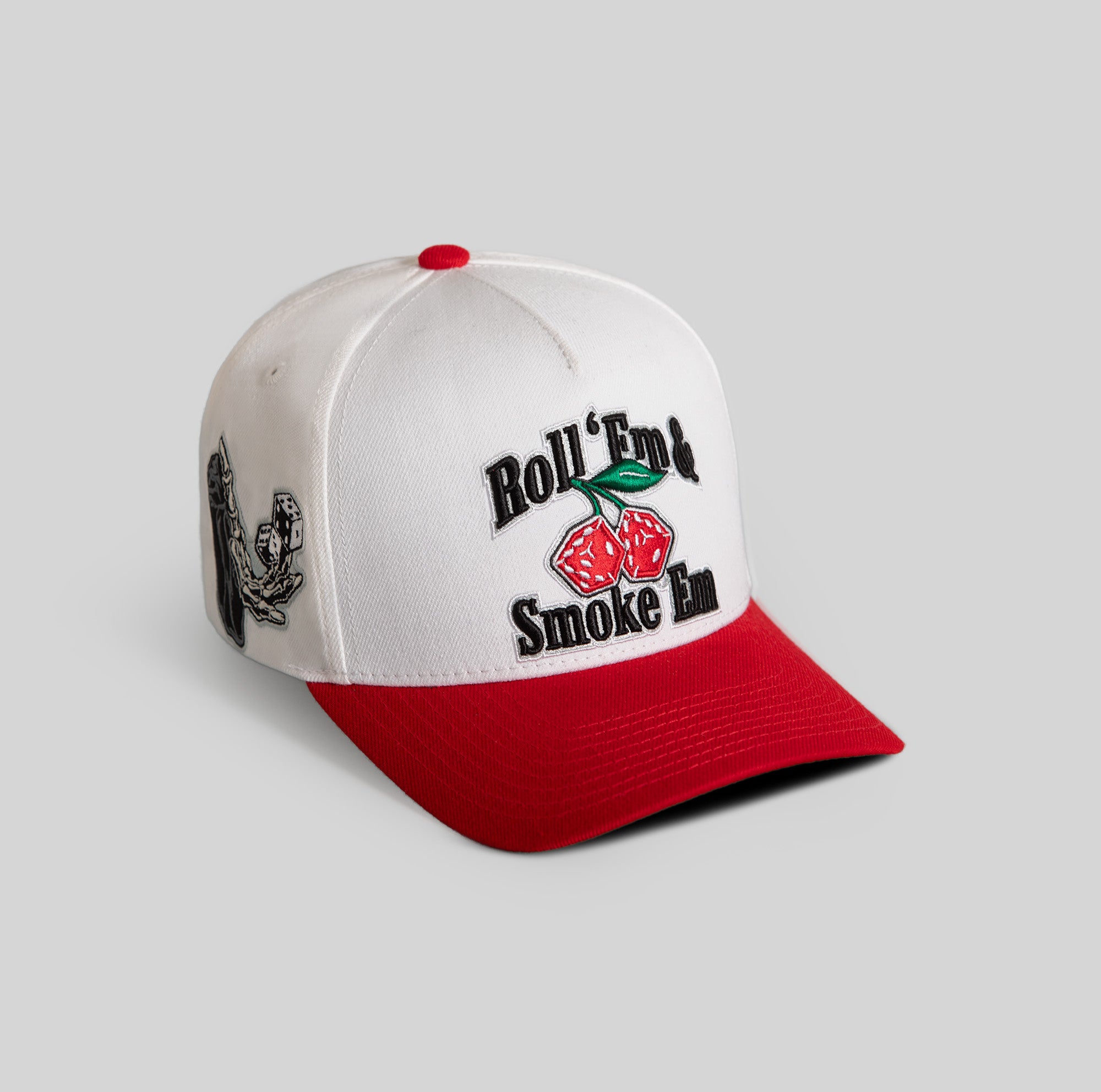 ROLL ‘EM & SMOKE ’EM OFF WHITE VARSITY RED TRUCKER