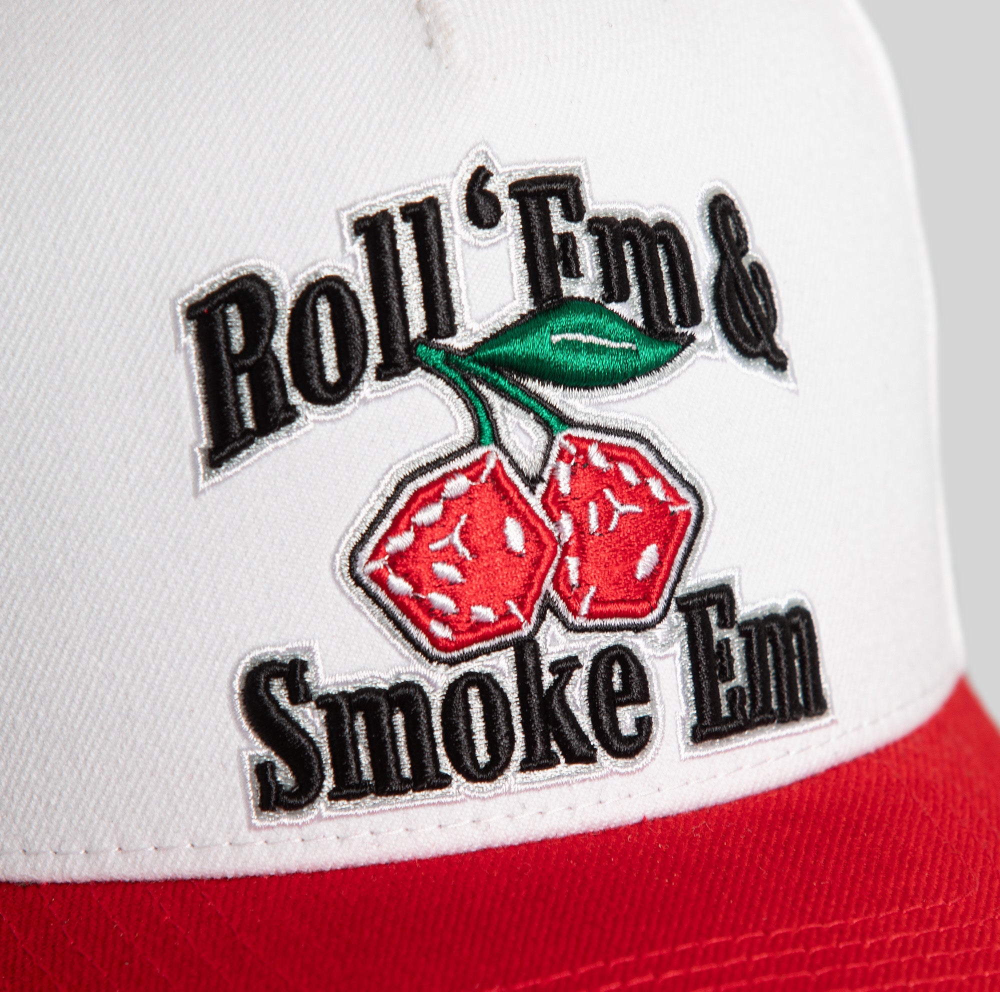 ROLL ‘EM & SMOKE ’EM OFF WHITE VARSITY RED TRUCKER