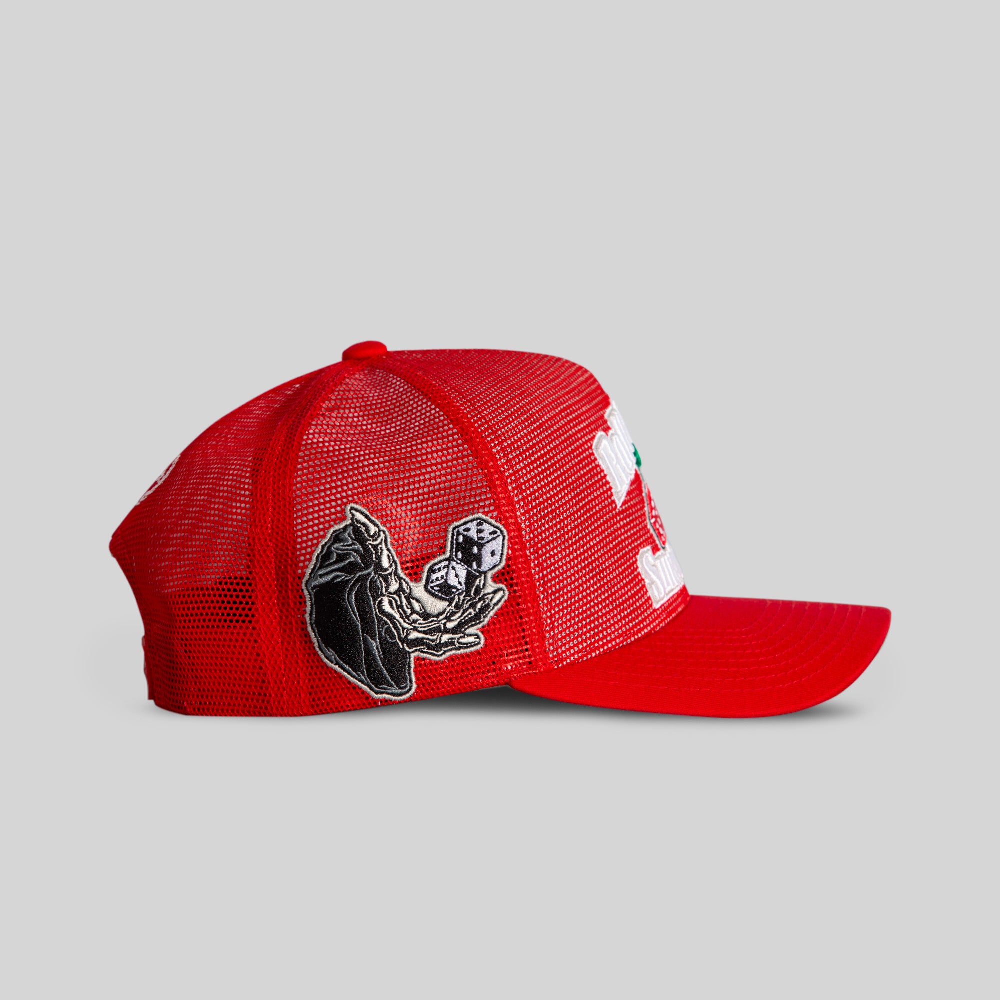 ROLL ‘EM & SMOKE ’EM RED MESH CROWN TRUCKER