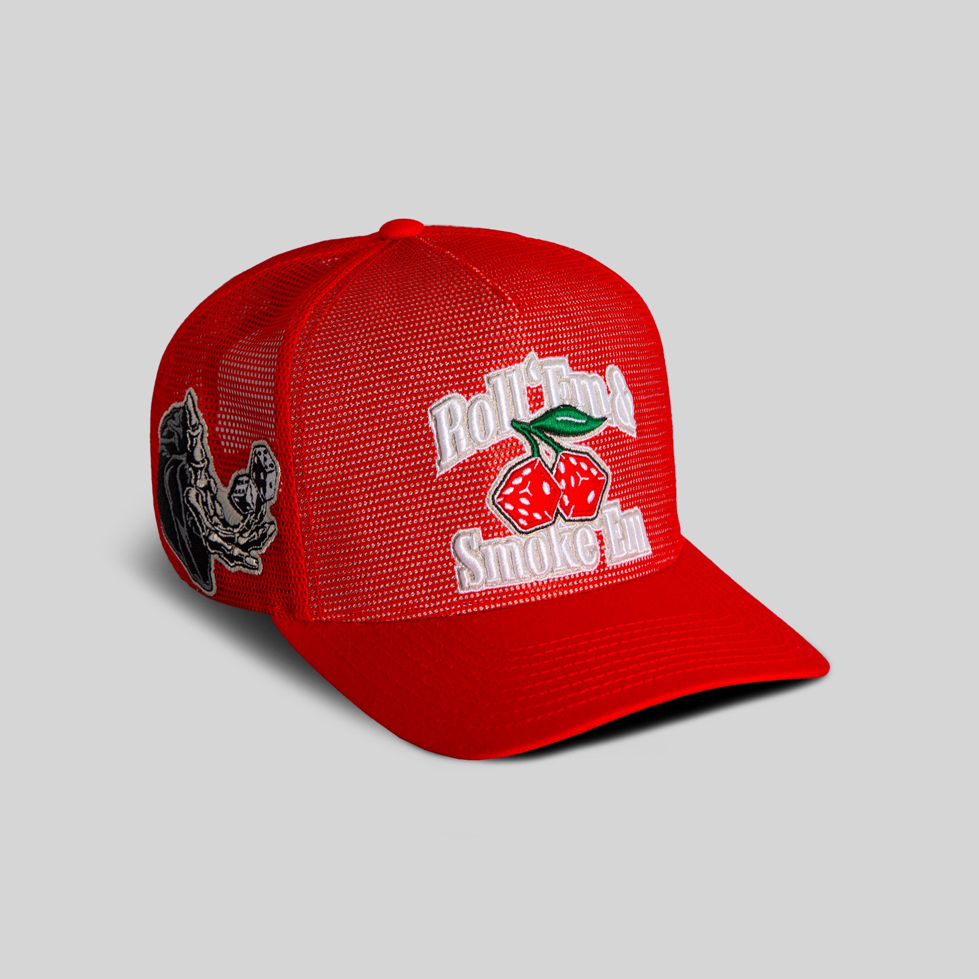 ROLL ‘EM & SMOKE ’EM RED MESH CROWN TRUCKER
