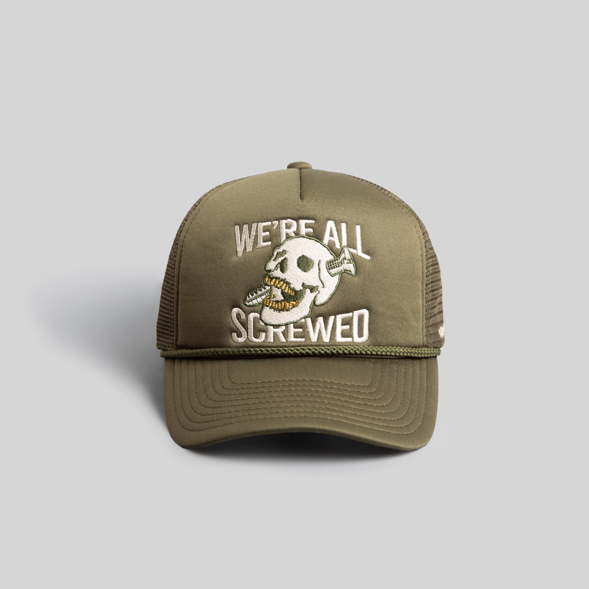 WE'RE ALL SCREWED OLIVE TRUCKER HAT