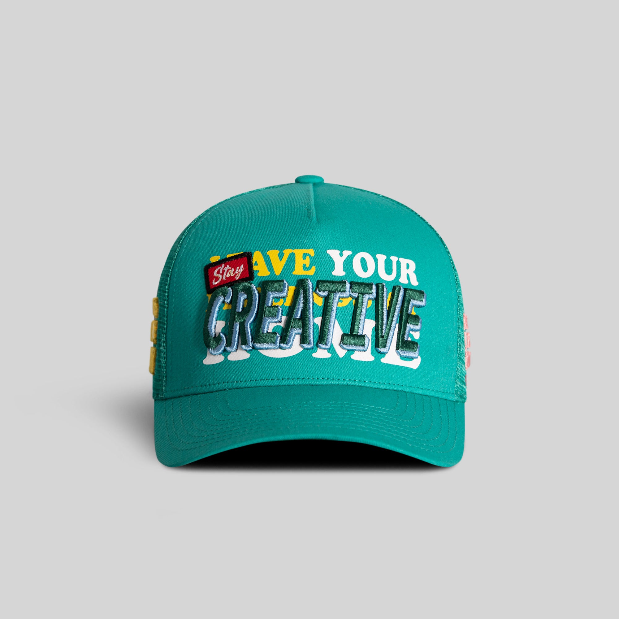 STAY CREATIVE TEAL TWILL MESH TRUCKER