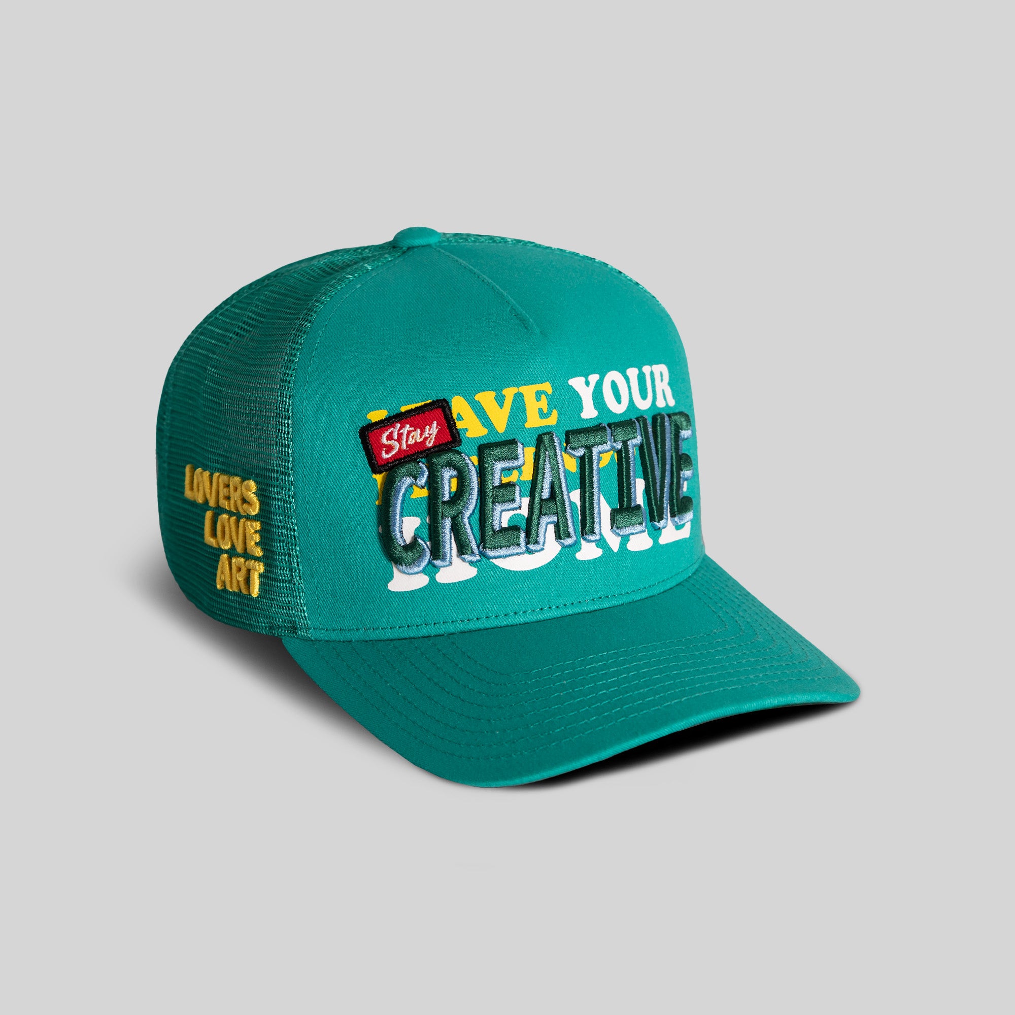 STAY CREATIVE TEAL TWILL MESH TRUCKER