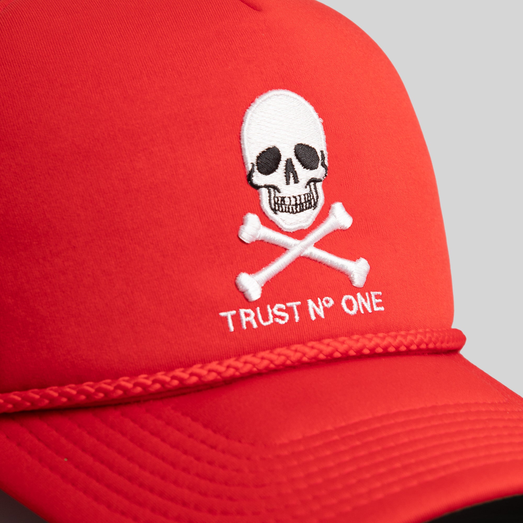 TRUST NO ONE VARSITY RED TRUCKER HAT
