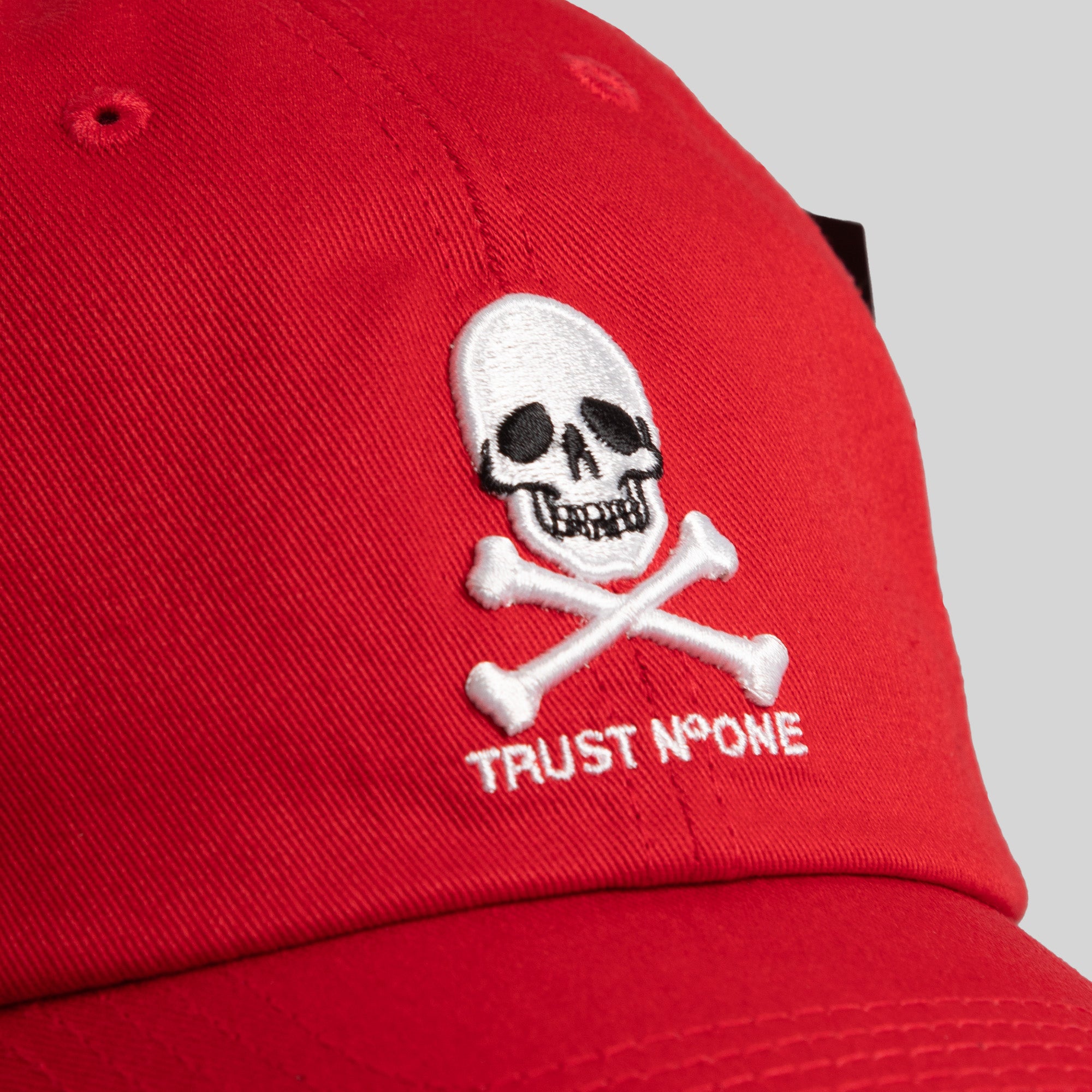 TRUST NO ONE VARSITY RED RELAXED FIT HAT