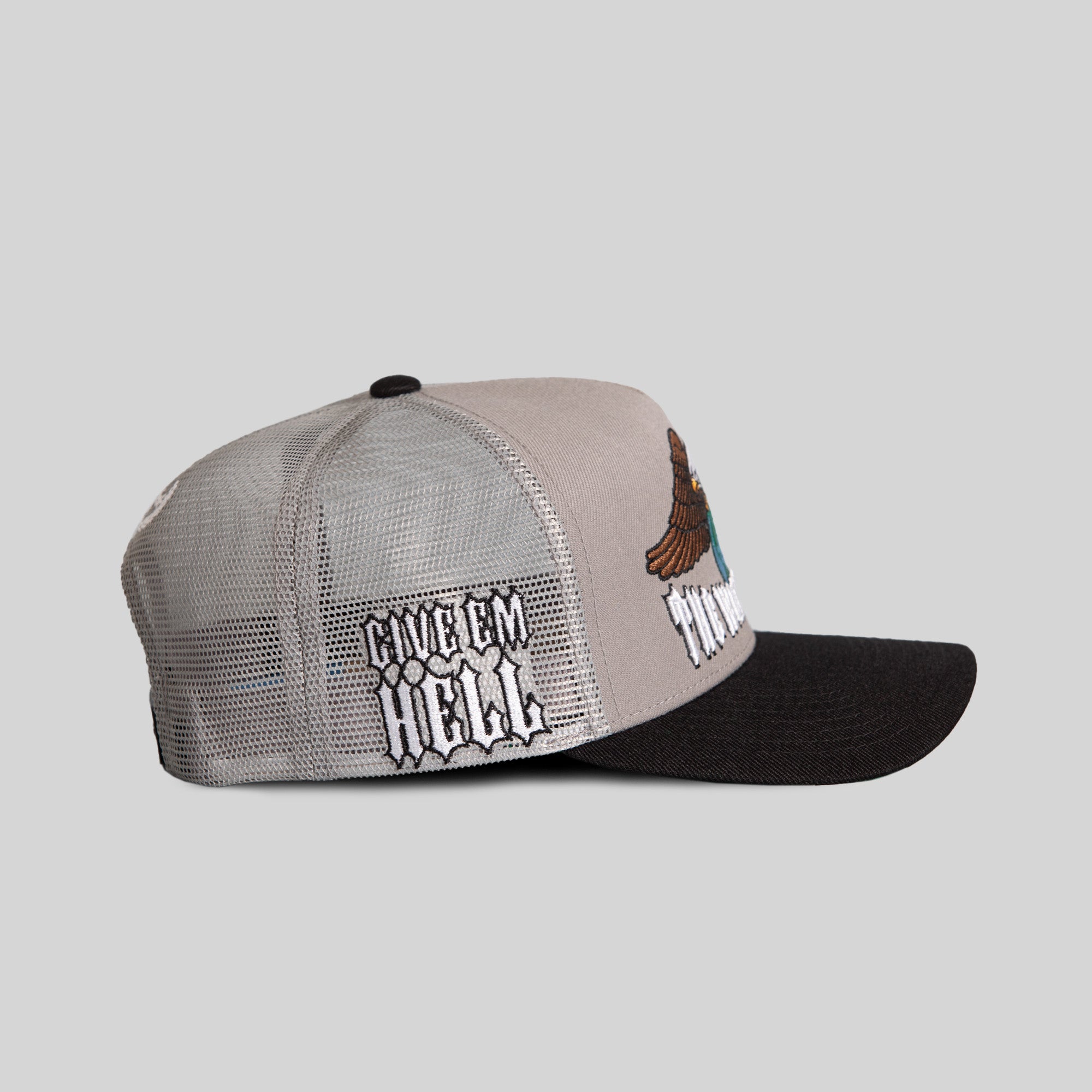 THE WORLD IS MINE GREY BLACK MESH TRUCKER
