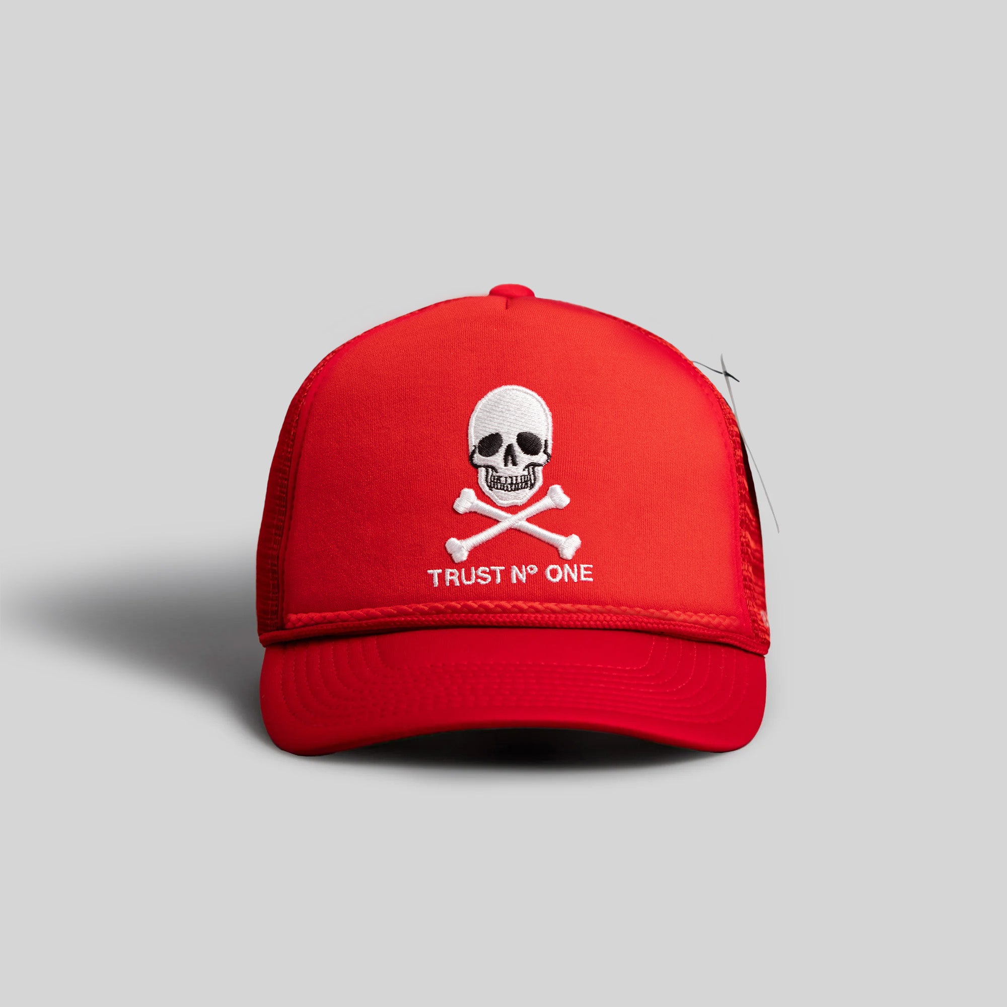 TRUST NO ONE VARSITY RED TRUCKER HAT