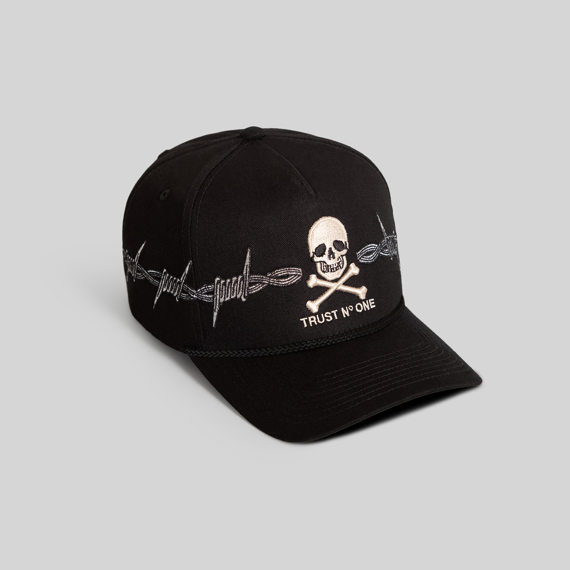 TRUST NO ONE BARBED WIRE BLACK TWILL TRUCKER
