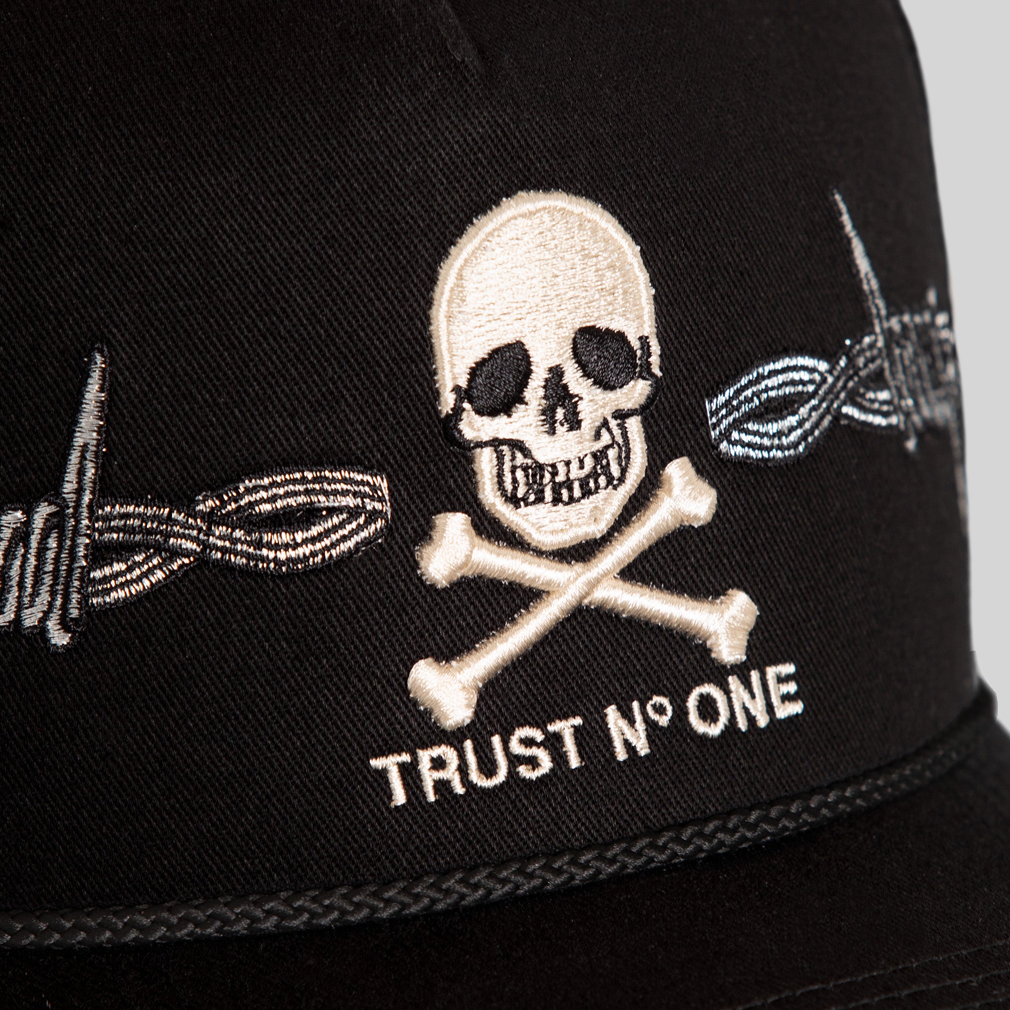 TRUST NO ONE BARBED WIRE BLACK TWILL TRUCKER