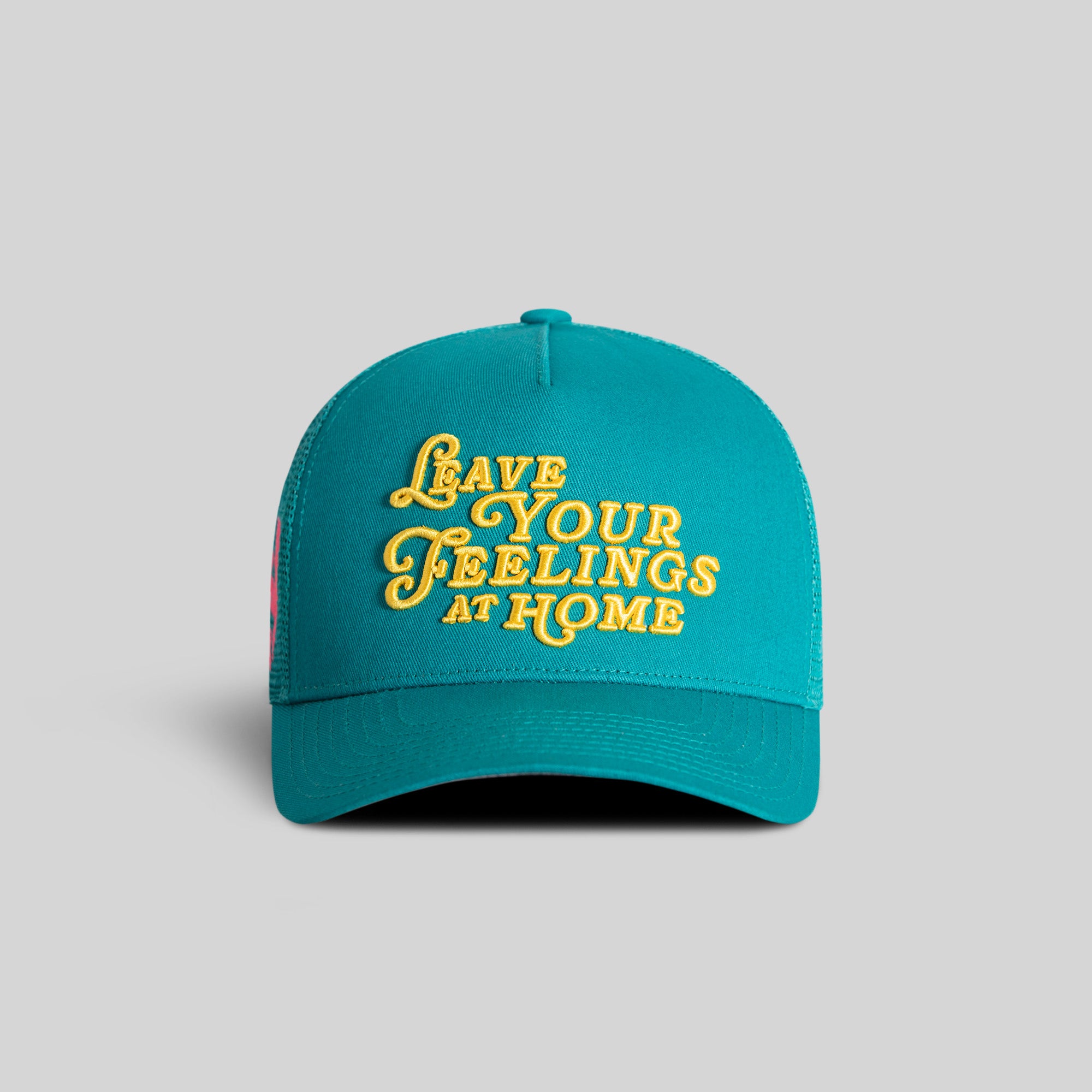 LEAVE YOUR FEELINGS NEON AQUA TWILL MESH TRUCKER