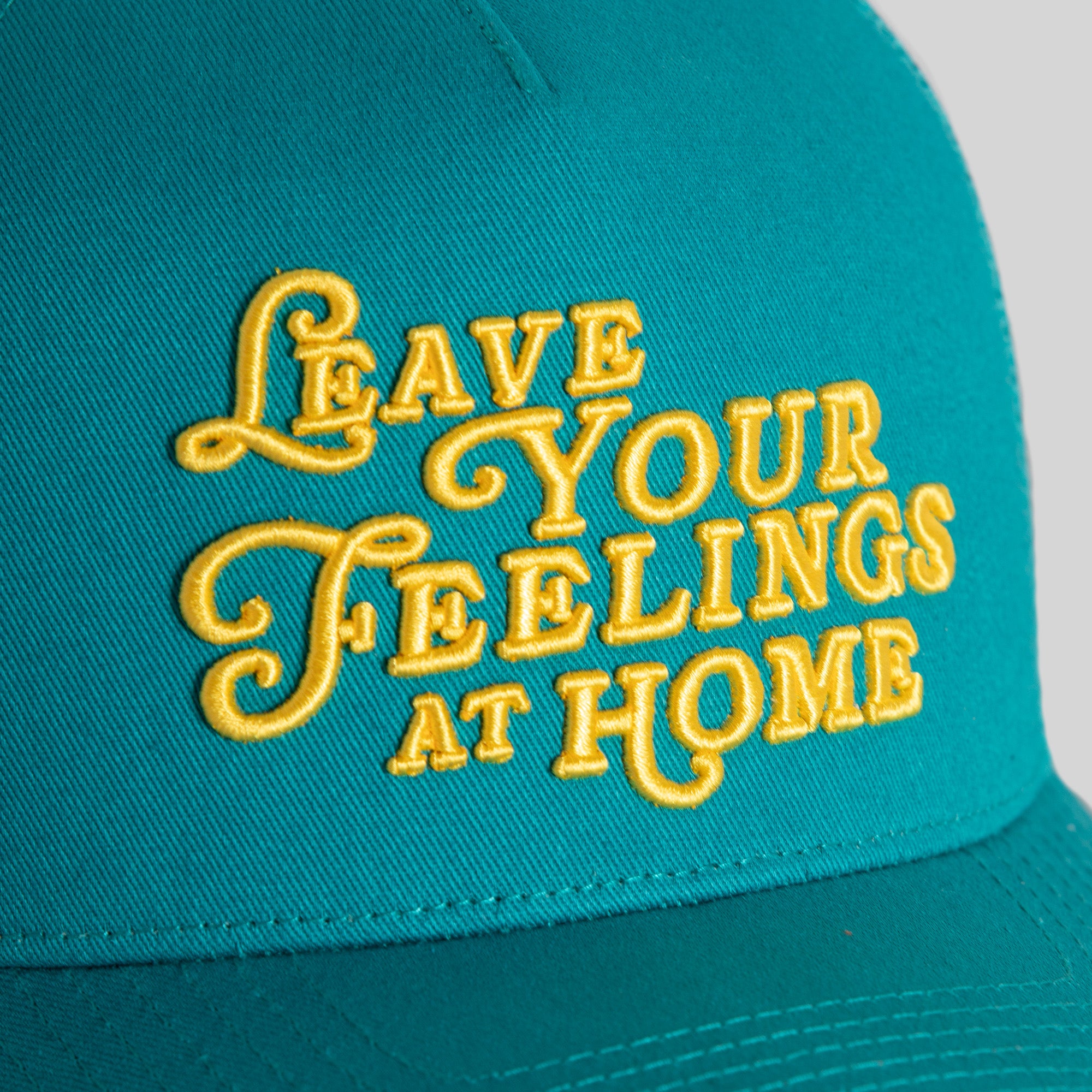 LEAVE YOUR FEELINGS NEON AQUA TWILL MESH TRUCKER