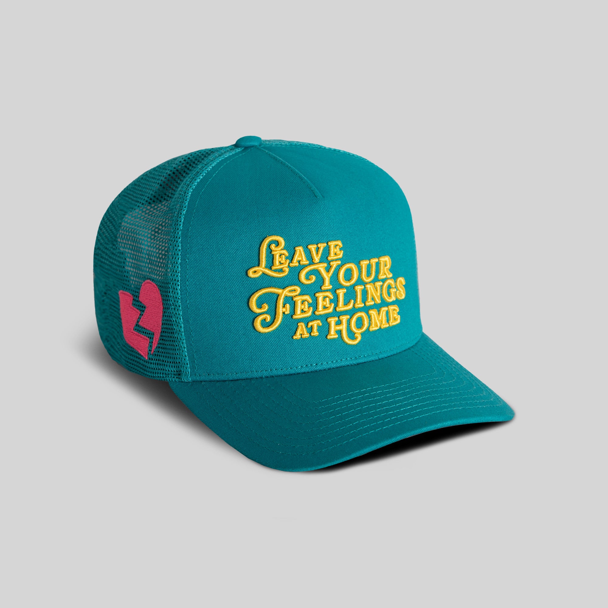 LEAVE YOUR FEELINGS NEON AQUA TWILL MESH TRUCKER