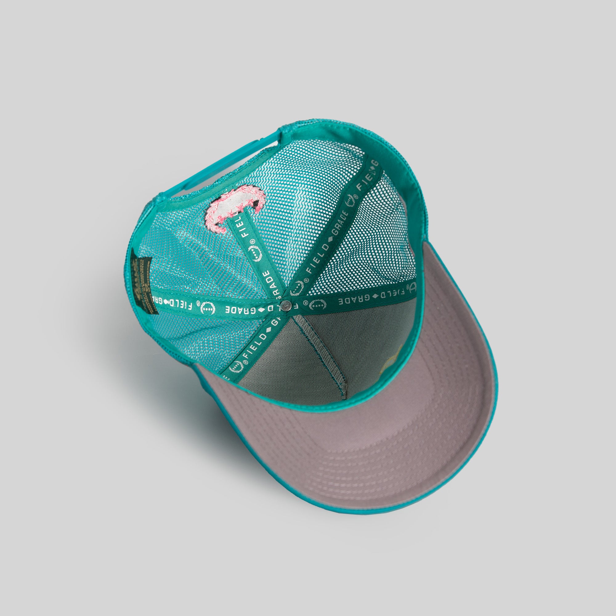 LEAVE YOUR FEELINGS NEON AQUA TWILL MESH TRUCKER