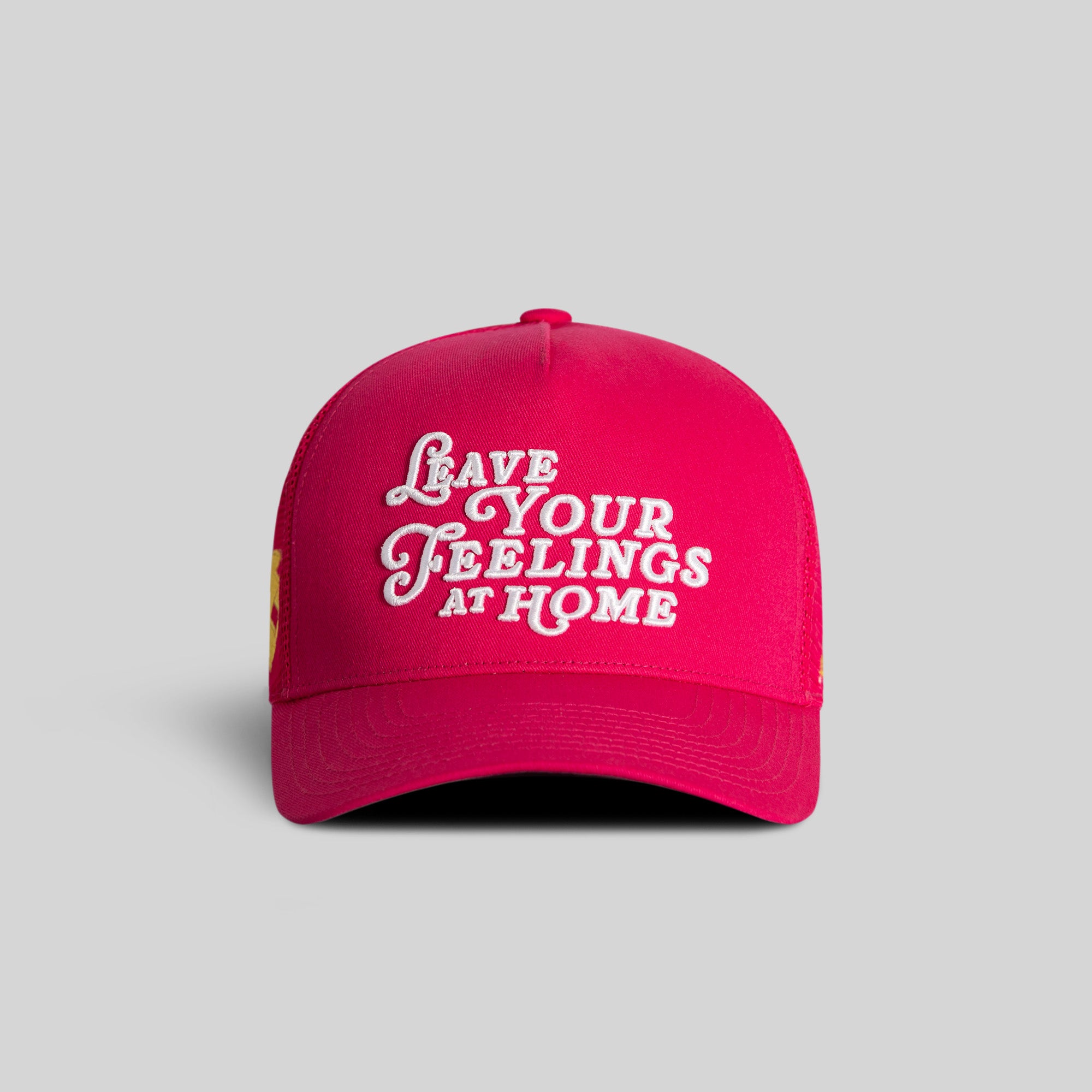 LEAVE YOUR FEELINGS NEON PINK TWILL MESH TRUCKER
