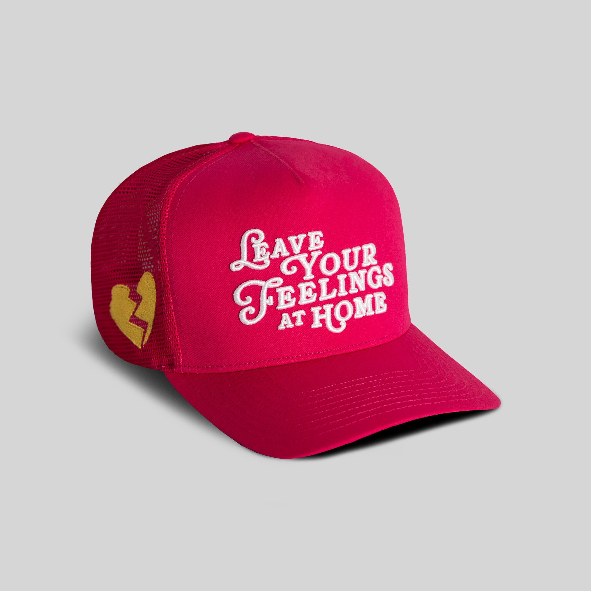LEAVE YOUR FEELINGS NEON PINK TWILL MESH TRUCKER