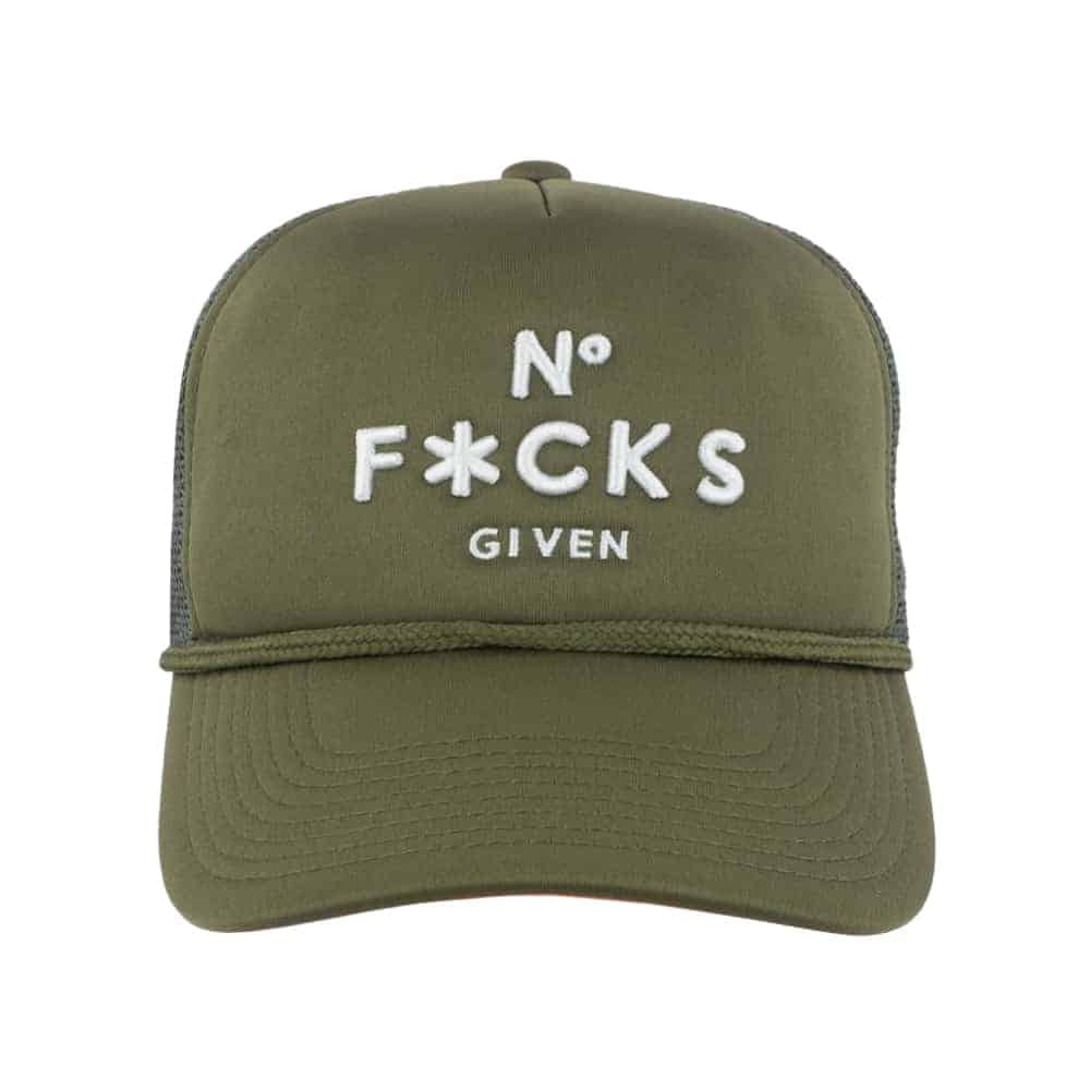 NO F*CKS GIVEN OLIVE WHITE FOAM TRUCKER